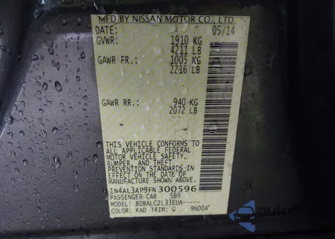 2015 Nissan Altima 2.5/2.5 S/2.5 Sl/2.5 Sv z USA, uszkodzony, nr VIN 1N4AL3AP9FN300596